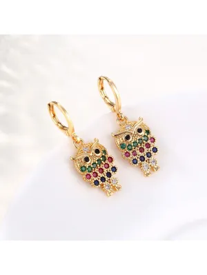 1 Pair Fashionable Gold Color Earrings, European And American Style Micro-Inlaid Colorful Cubic Zirconia Owl Earrings, Personality Hollow Out Multicolor Earrings For Women
