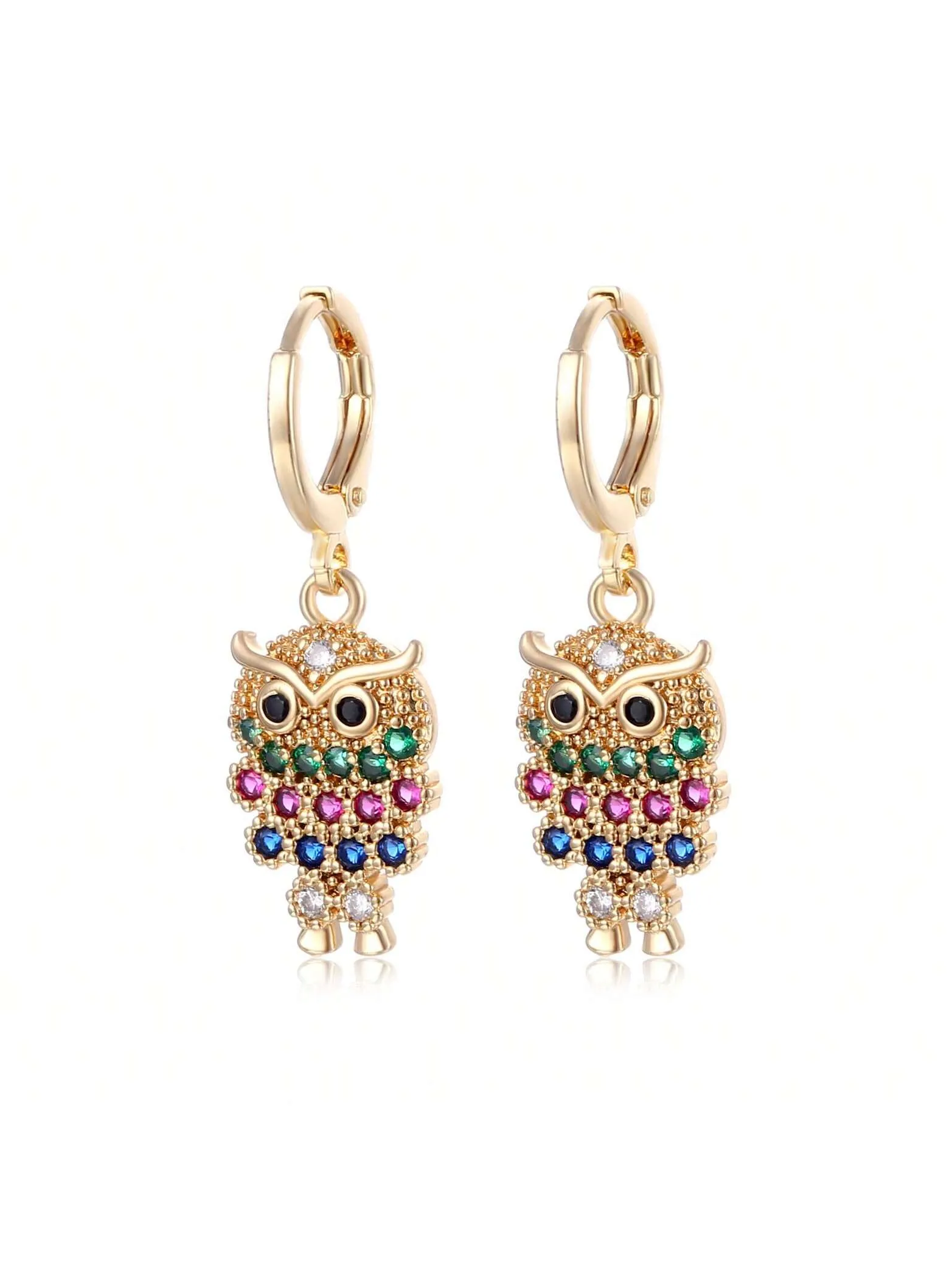 1 Pair Fashionable Gold Color Earrings, European And American Style Micro-Inlaid Colorful Cubic Zirconia Owl Earrings, Personality Hollow Out Multicolor Earrings For Women