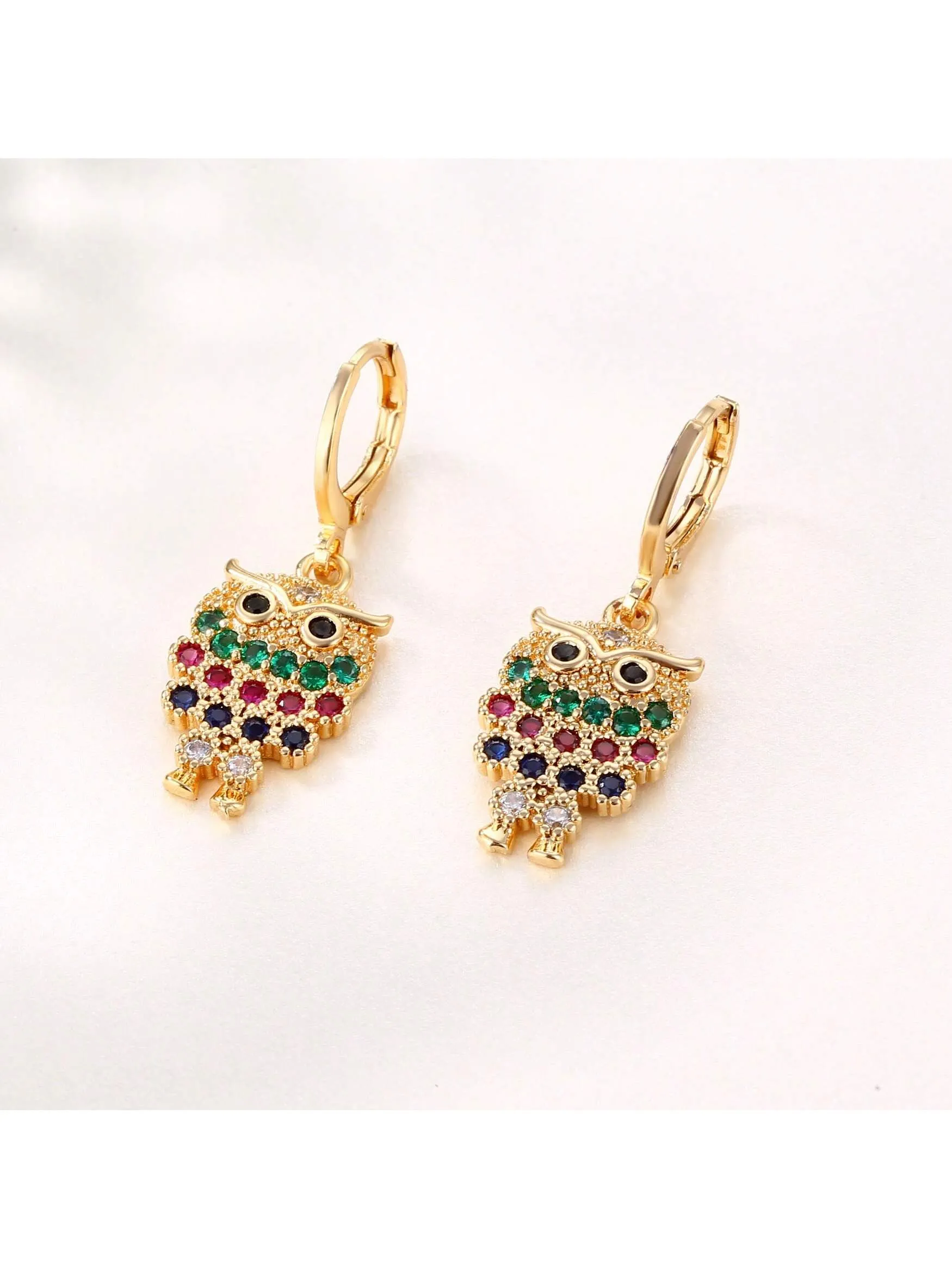 1 Pair Fashionable Gold Color Earrings, European And American Style Micro-Inlaid Colorful Cubic Zirconia Owl Earrings, Personality Hollow Out Multicolor Earrings For Women