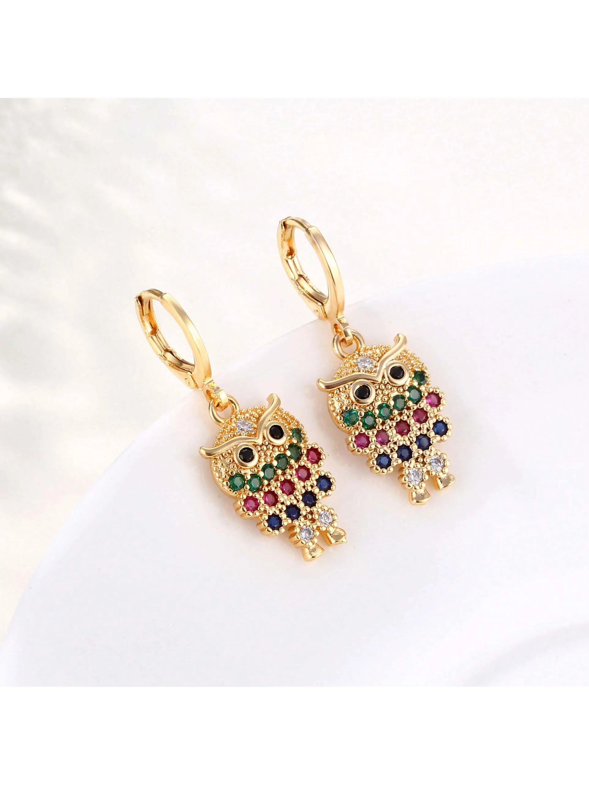 1 Pair Fashionable Gold Color Earrings, European And American Style Micro-Inlaid Colorful Cubic Zirconia Owl Earrings, Personality Hollow Out Multicolor Earrings For Women