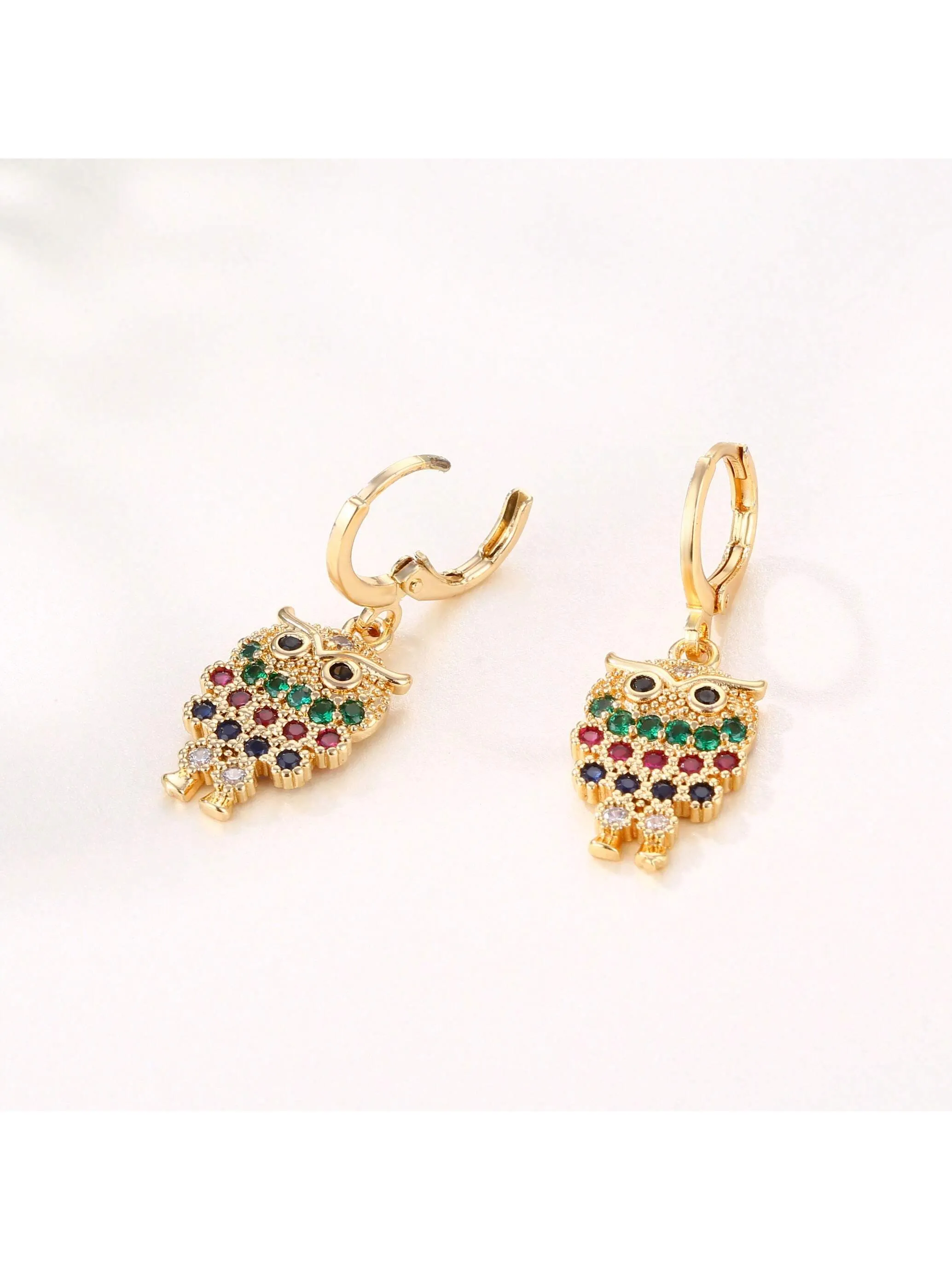1 Pair Fashionable Gold Color Earrings, European And American Style Micro-Inlaid Colorful Cubic Zirconia Owl Earrings, Personality Hollow Out Multicolor Earrings For Women