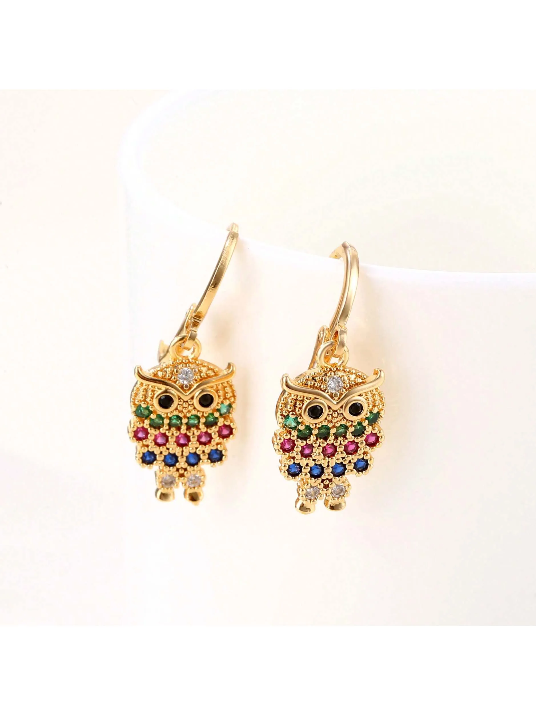 1 Pair Fashionable Gold Color Earrings, European And American Style Micro-Inlaid Colorful Cubic Zirconia Owl Earrings, Personality Hollow Out Multicolor Earrings For Women