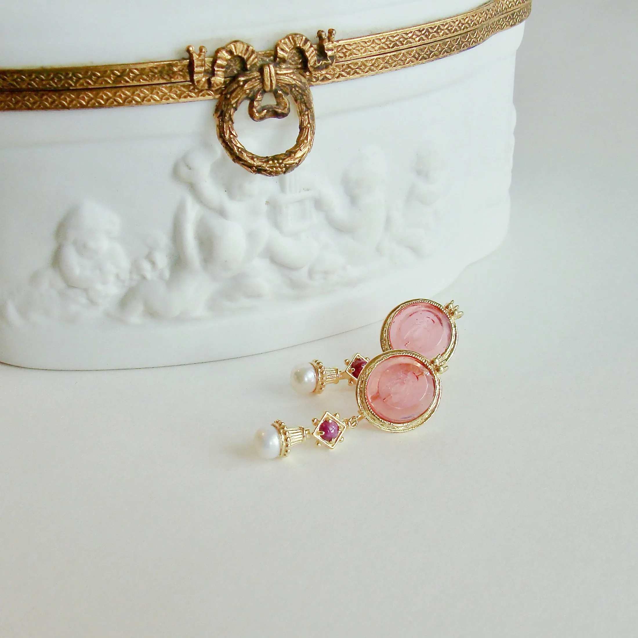 12 Days of Christmas - Venetian Glass Honeybee Intaglios, Rubies & Cultured Pearl Earrings - Le Api Earrings