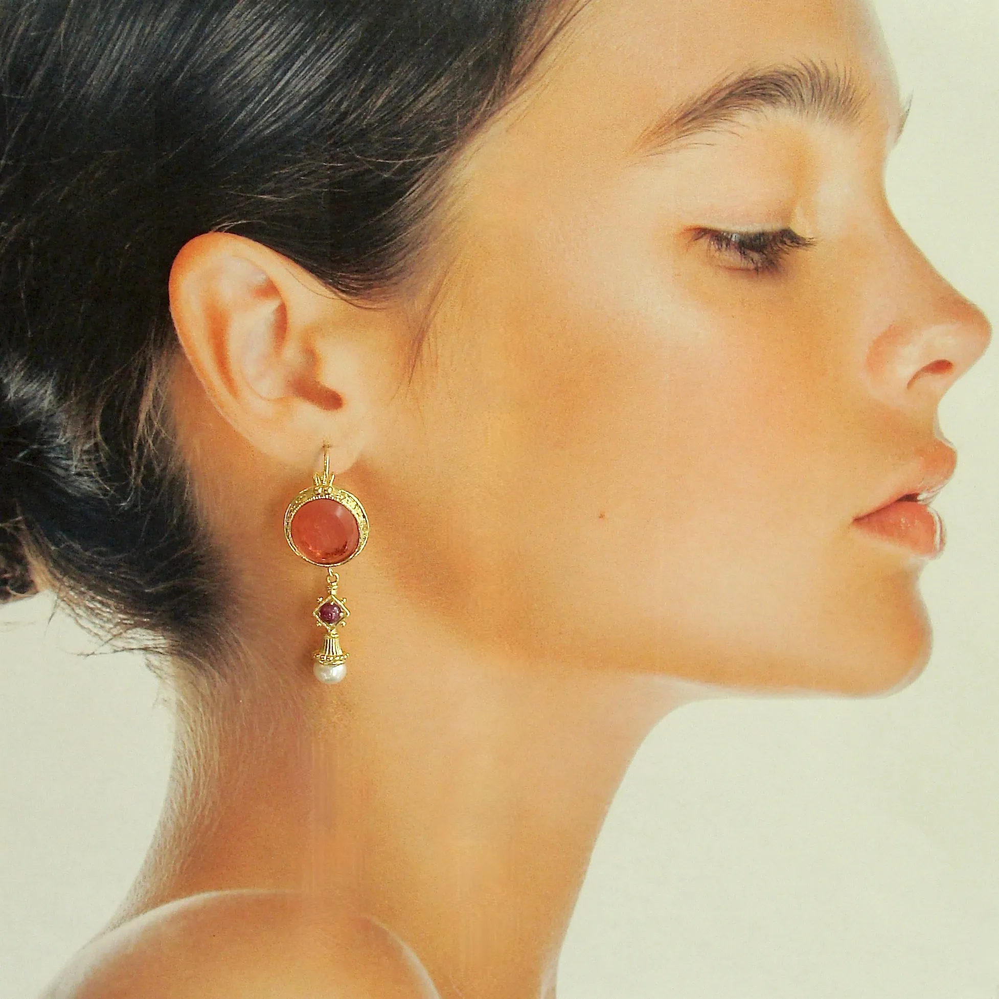 12 Days of Christmas - Venetian Glass Honeybee Intaglios, Rubies & Cultured Pearl Earrings - Le Api Earrings