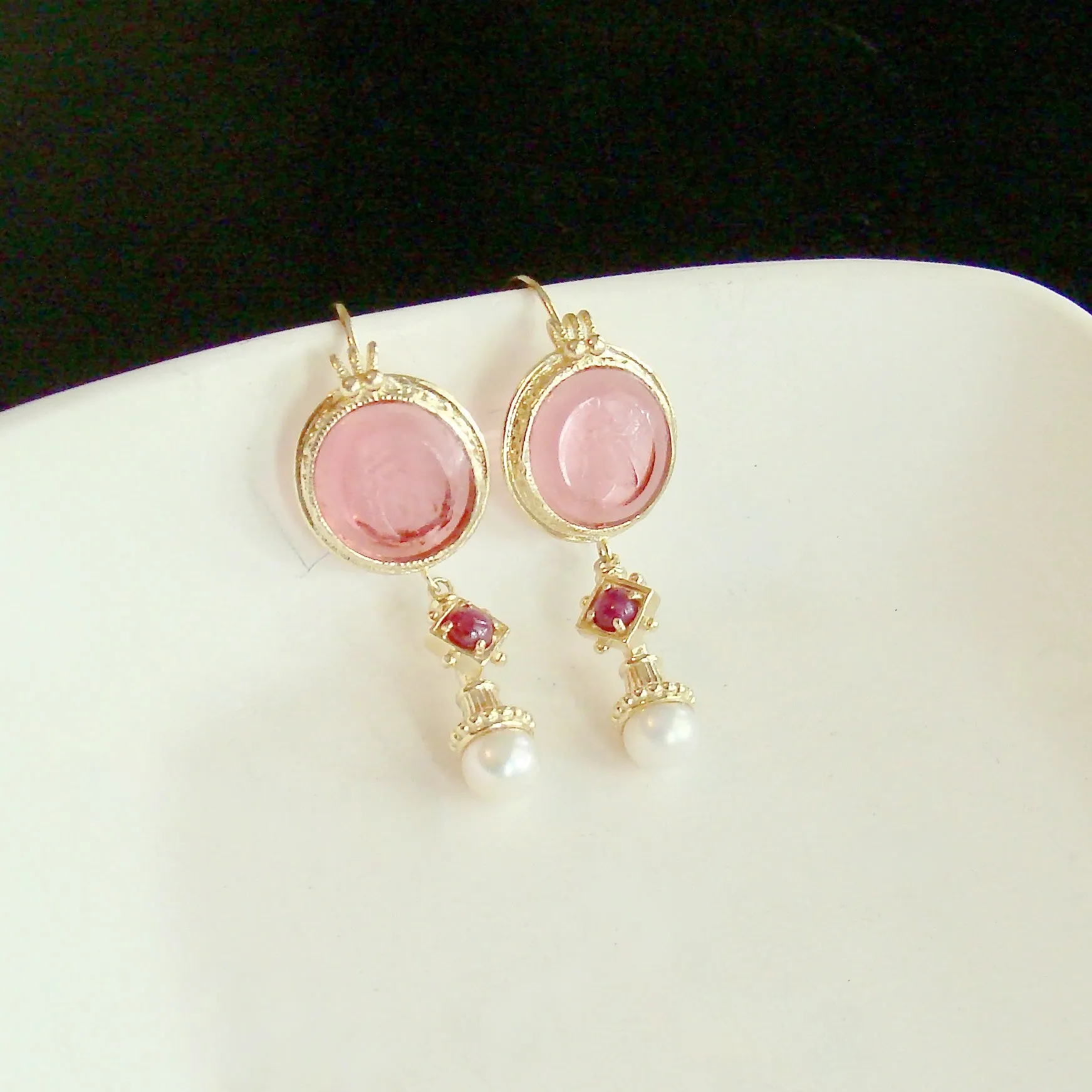 12 Days of Christmas - Venetian Glass Honeybee Intaglios, Rubies & Cultured Pearl Earrings - Le Api Earrings