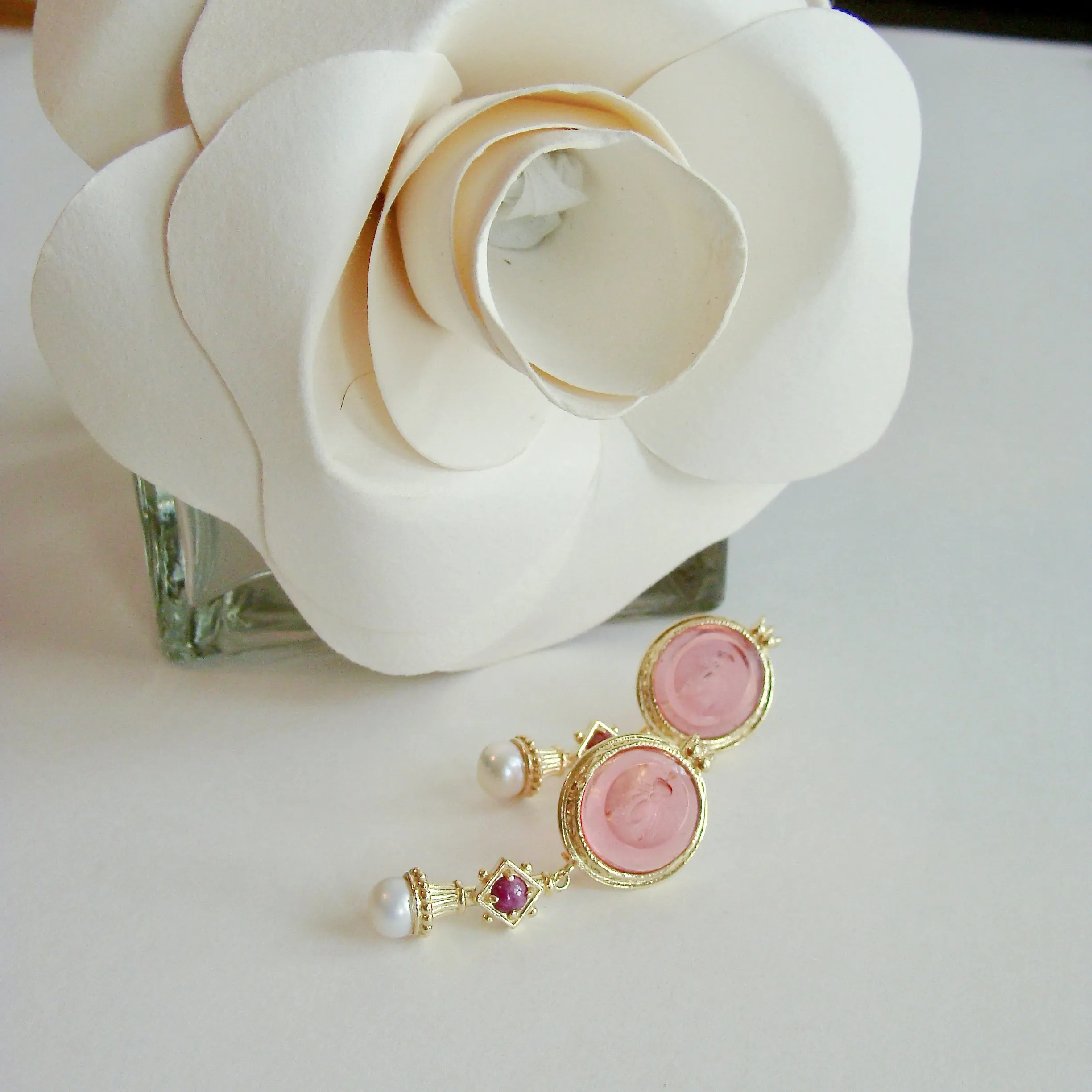 12 Days of Christmas - Venetian Glass Honeybee Intaglios, Rubies & Cultured Pearl Earrings - Le Api Earrings