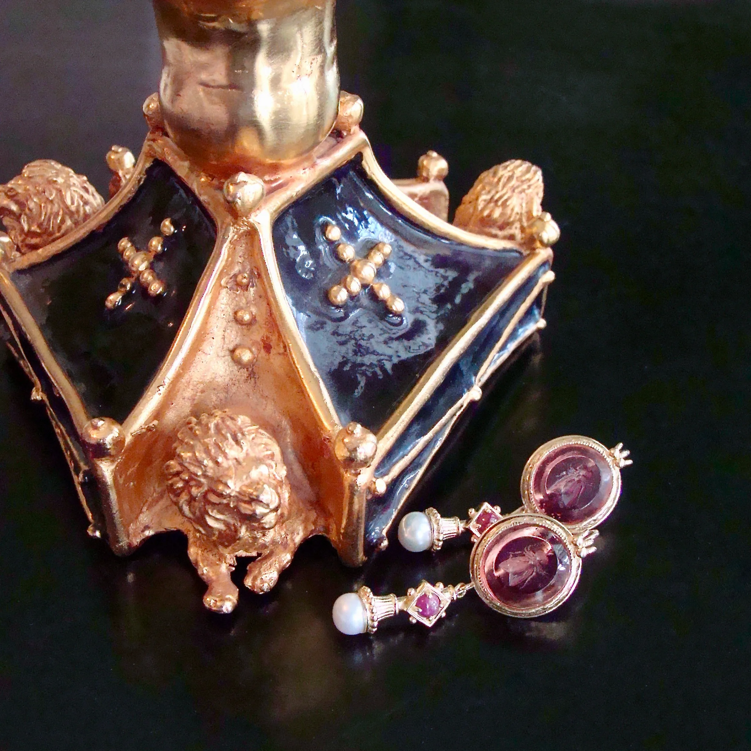 12 Days of Christmas - Venetian Glass Honeybee Intaglios, Rubies & Cultured Pearl Earrings - Le Api Earrings
