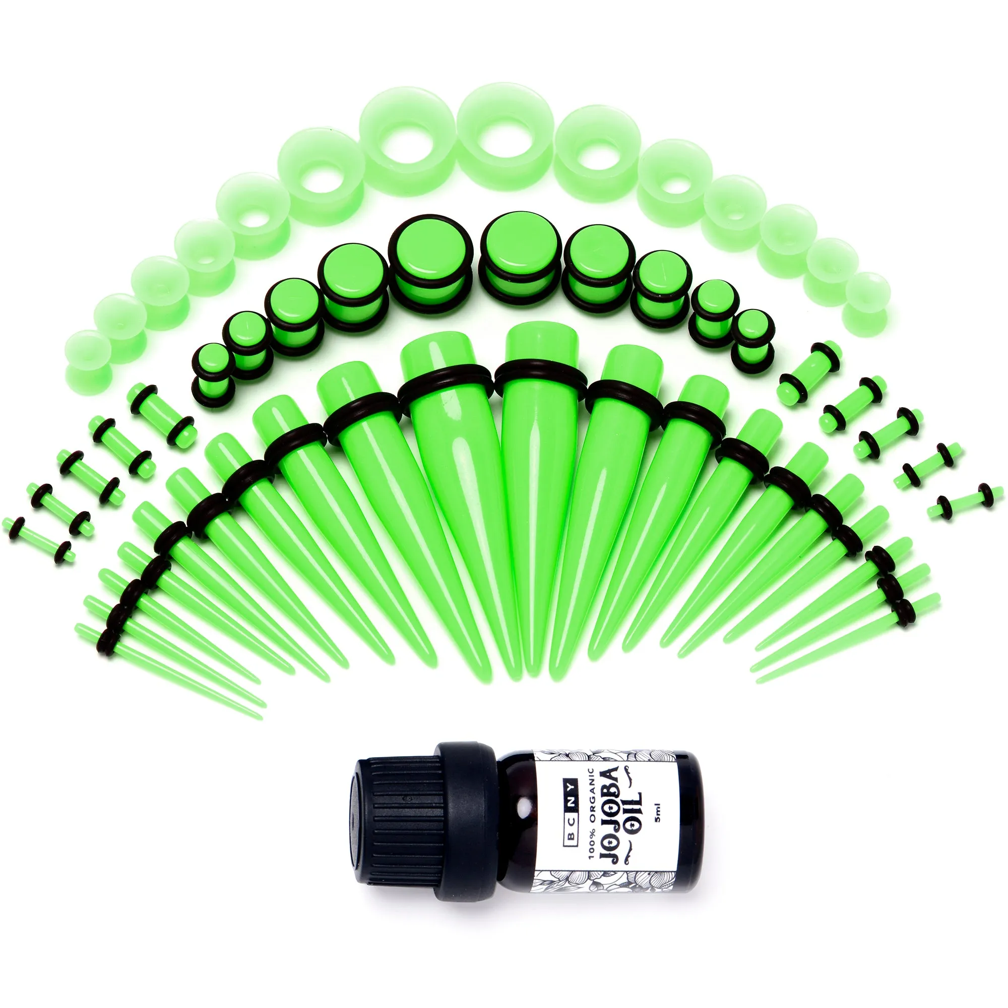 14 Gauge to 1/2 Green Acrylic 54 Piece Ear Stretching Kit with Jojoba Oil
