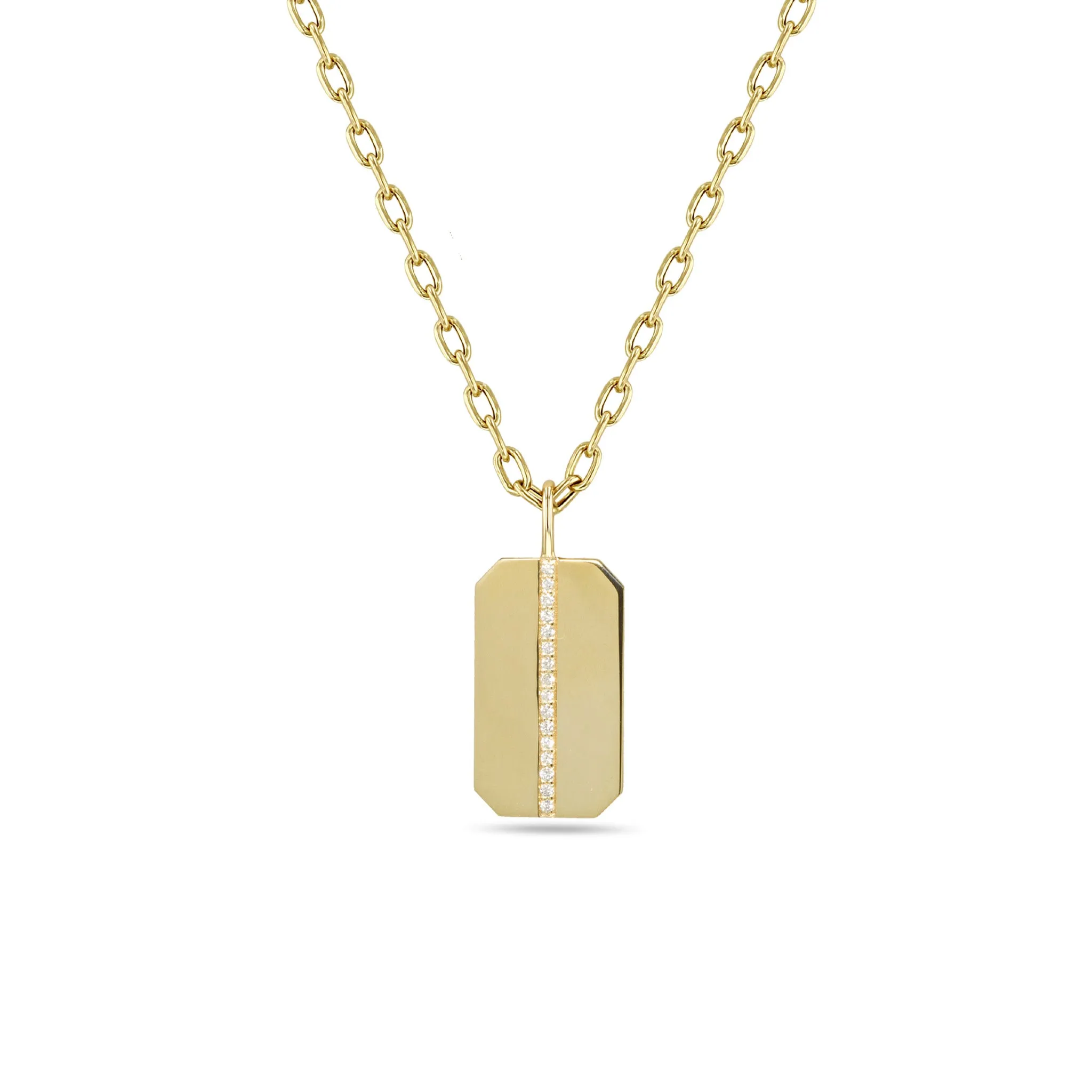 14k Medium Pavé Diamond Square Edge Dog Tag Square Oval Chain Necklace