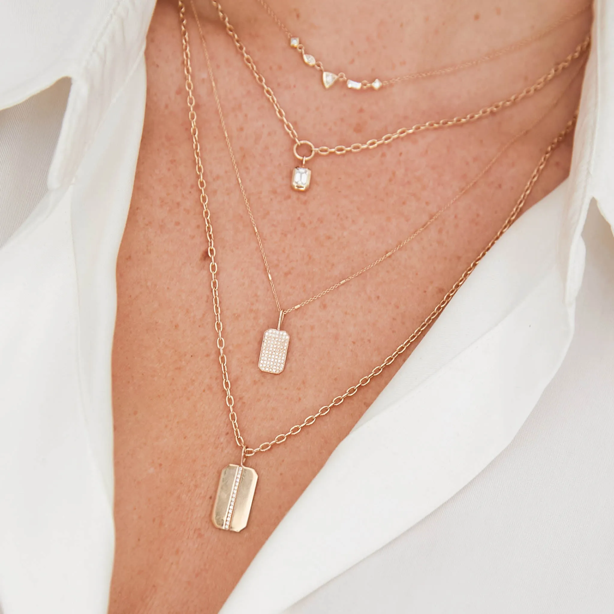 14k Medium Pavé Diamond Square Edge Dog Tag Square Oval Chain Necklace