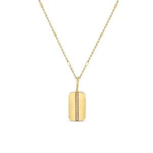 14k Pavé Diamond Line Small Square Edge Dog Tag Necklace
