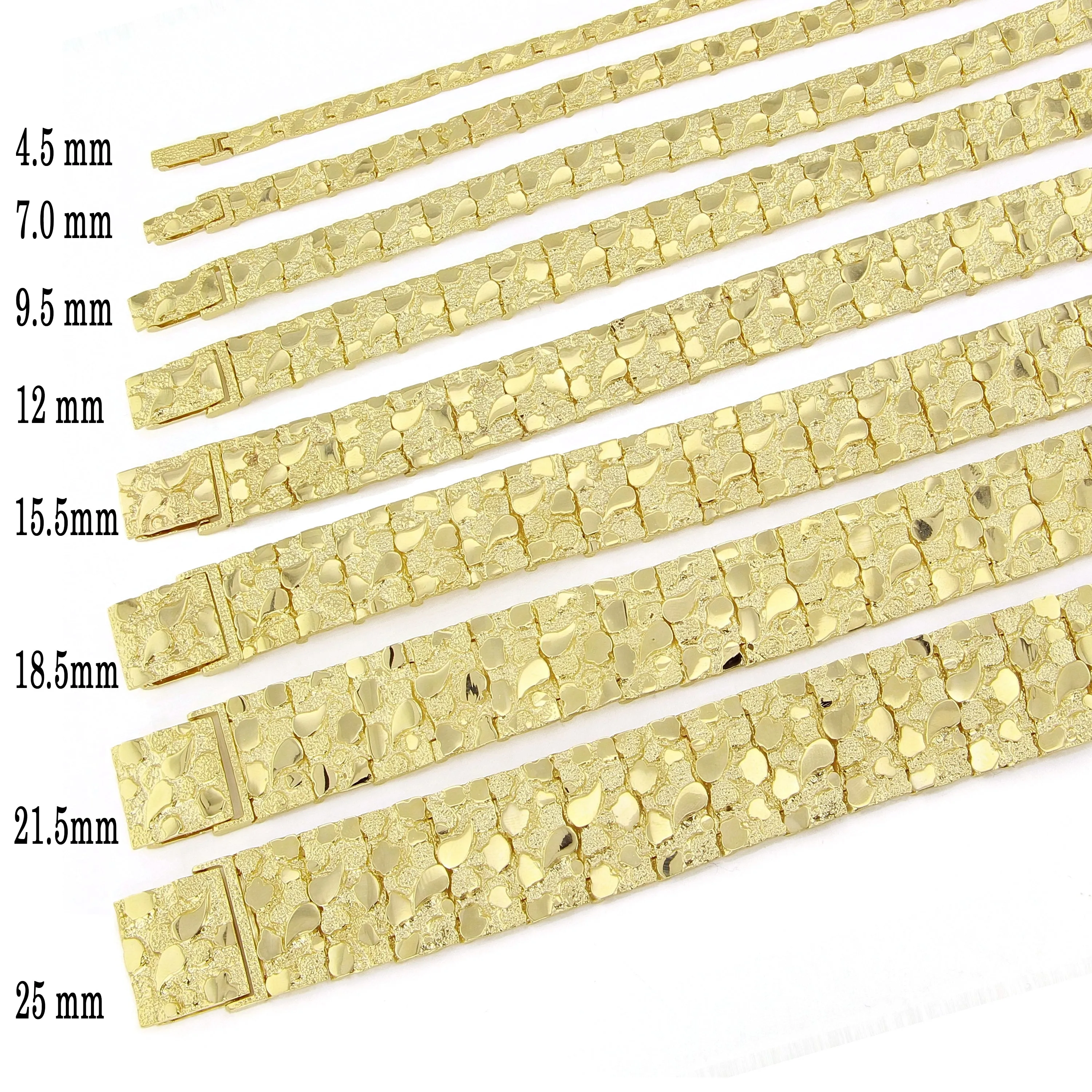 14k Yellow Gold Solid Nugget Bracelet 7"-9" 4mm to 25mm Adjustable
