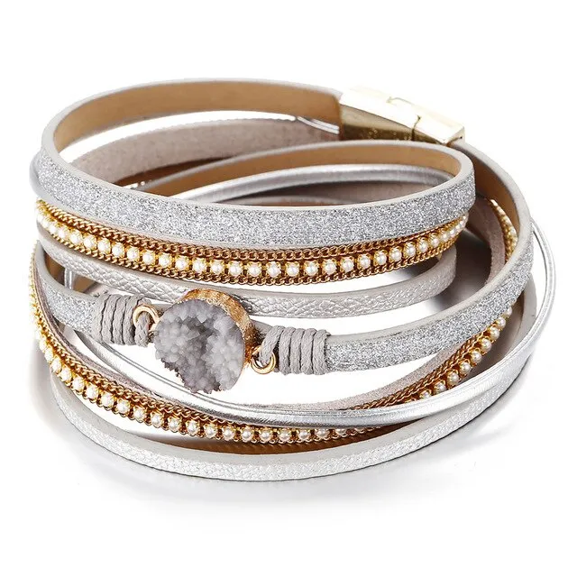 17KM Vintage Stone Crystal Charm Bracelets & Bangle For Woman Men Fashion Female Handmade Multilayer Leather Druzy Bracelet