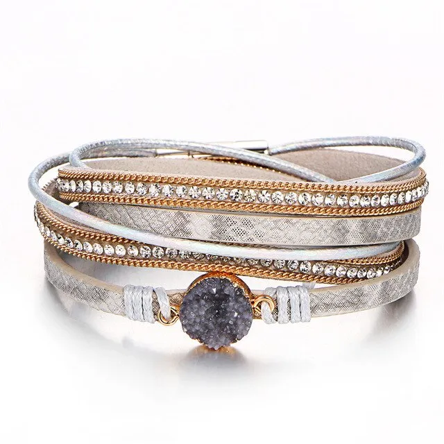 17KM Vintage Stone Crystal Charm Bracelets & Bangle For Woman Men Fashion Female Handmade Multilayer Leather Druzy Bracelet
