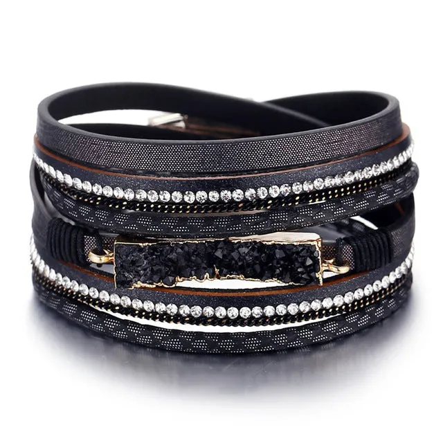 17KM Vintage Stone Crystal Charm Bracelets & Bangle For Woman Men Fashion Female Handmade Multilayer Leather Druzy Bracelet