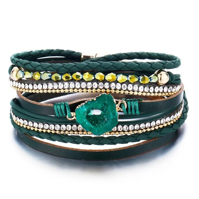 17KM Vintage Stone Crystal Charm Bracelets & Bangle For Woman Men Fashion Female Handmade Multilayer Leather Druzy Bracelet