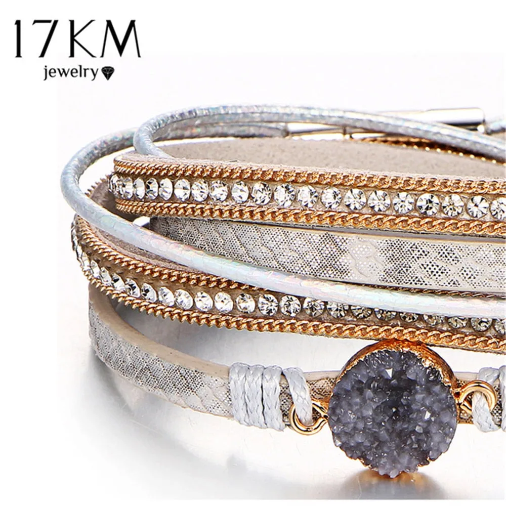 17KM Vintage Stone Crystal Charm Bracelets & Bangle For Woman Men Fashion Female Handmade Multilayer Leather Druzy Bracelet