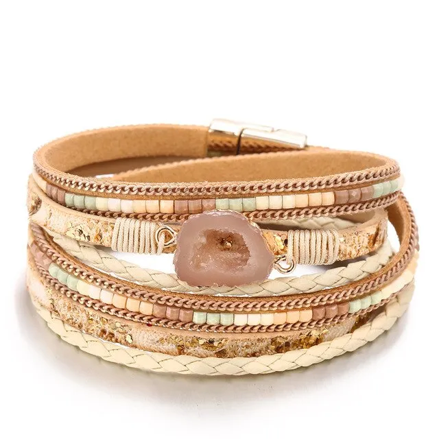 17KM Vintage Stone Crystal Charm Bracelets & Bangle For Woman Men Fashion Female Handmade Multilayer Leather Druzy Bracelet