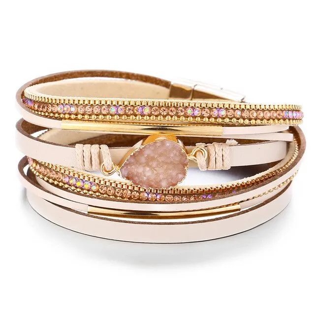 17KM Vintage Stone Crystal Charm Bracelets & Bangle For Woman Men Fashion Female Handmade Multilayer Leather Druzy Bracelet