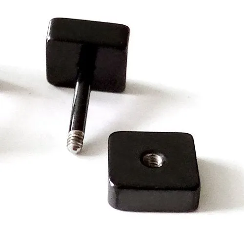 2pcs 6mm Black Cube Barbell Earrings Men, Stainless Steel Cheater Fake Ear Plugs Gauges Illusion Tunnel