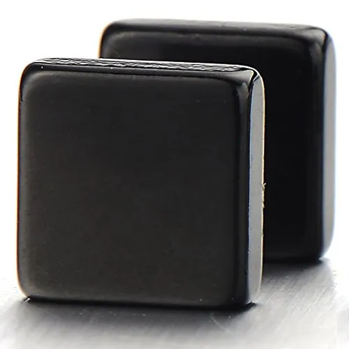 2pcs 6mm Black Cube Barbell Earrings Men, Stainless Steel Cheater Fake Ear Plugs Gauges Illusion Tunnel