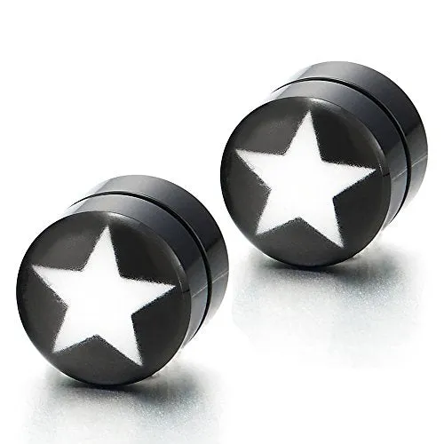 2pcs 8mm Magnetic Black Circle Star Stud Earrings for Men Women, Non-piercing Clip on Fake Ear Plugs