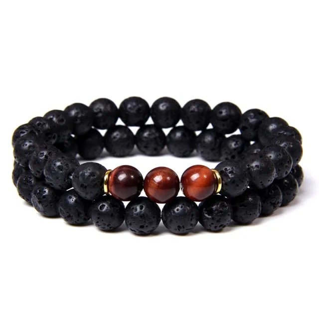 2pcs Fashion Natural Stone Lava Volcanic Beads Bracelet Tiger Eye Buddha Charm Bracelet  Jewelry for Women Men Couple Bracelet