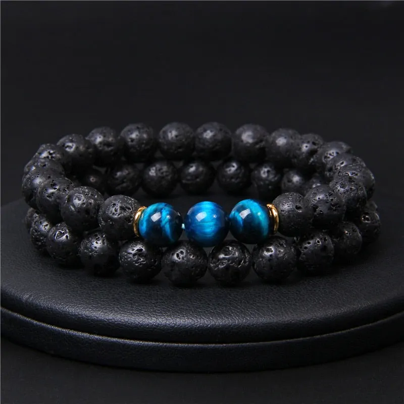 2pcs Fashion Natural Stone Lava Volcanic Beads Bracelet Tiger Eye Buddha Charm Bracelet  Jewelry for Women Men Couple Bracelet