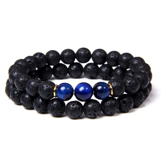 2pcs Fashion Natural Stone Lava Volcanic Beads Bracelet Tiger Eye Buddha Charm Bracelet  Jewelry for Women Men Couple Bracelet