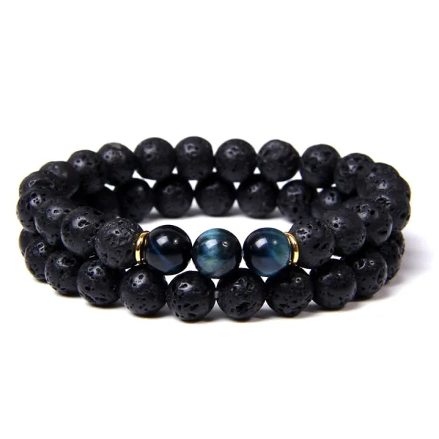 2pcs Fashion Natural Stone Lava Volcanic Beads Bracelet Tiger Eye Buddha Charm Bracelet  Jewelry for Women Men Couple Bracelet