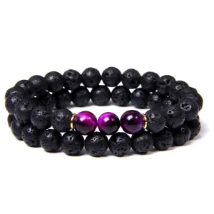 2pcs Fashion Natural Stone Lava Volcanic Beads Bracelet Tiger Eye Buddha Charm Bracelet  Jewelry for Women Men Couple Bracelet