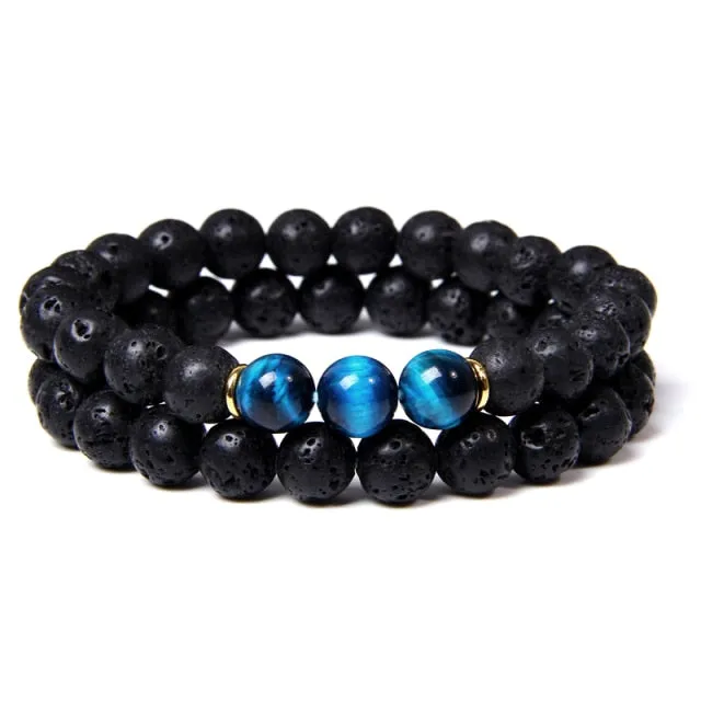 2pcs Fashion Natural Stone Lava Volcanic Beads Bracelet Tiger Eye Buddha Charm Bracelet  Jewelry for Women Men Couple Bracelet