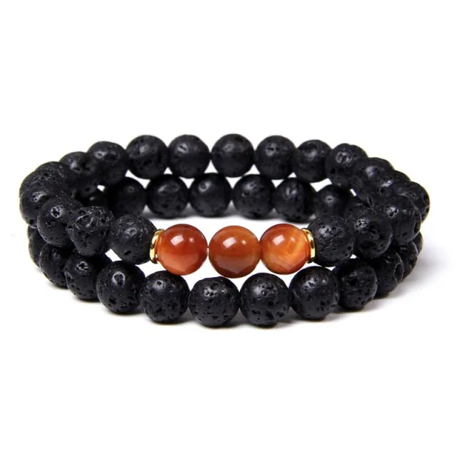 2pcs Fashion Natural Stone Lava Volcanic Beads Bracelet Tiger Eye Buddha Charm Bracelet  Jewelry for Women Men Couple Bracelet