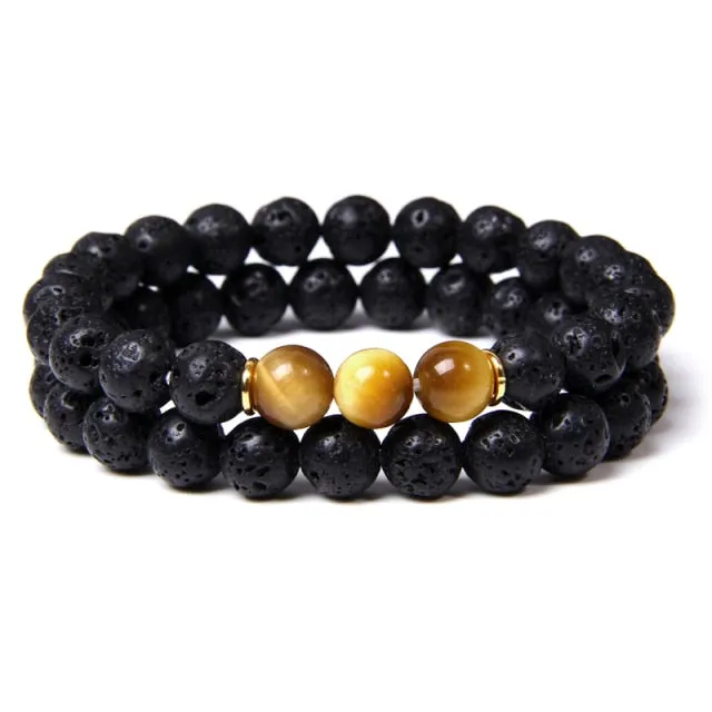 2pcs Fashion Natural Stone Lava Volcanic Beads Bracelet Tiger Eye Buddha Charm Bracelet  Jewelry for Women Men Couple Bracelet