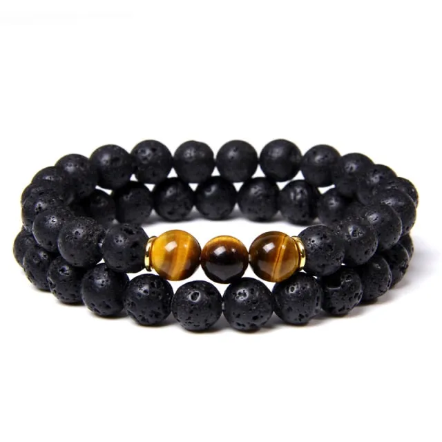 2pcs Fashion Natural Stone Lava Volcanic Beads Bracelet Tiger Eye Buddha Charm Bracelet  Jewelry for Women Men Couple Bracelet