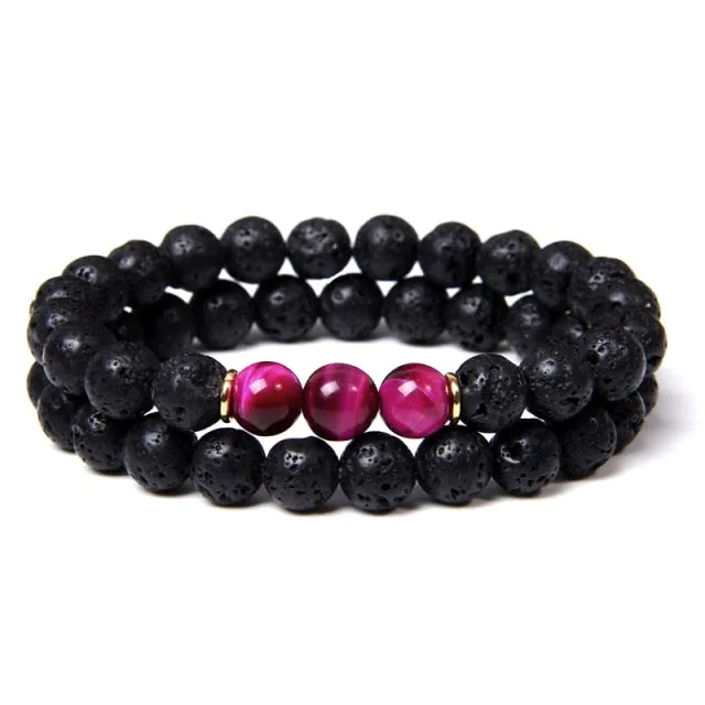 2pcs Fashion Natural Stone Lava Volcanic Beads Bracelet Tiger Eye Buddha Charm Bracelet  Jewelry for Women Men Couple Bracelet