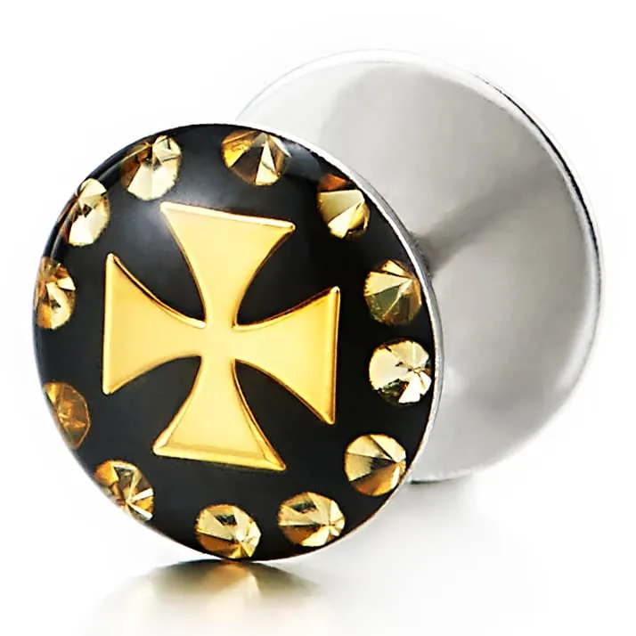 2pcs Gold Color Cross Circle Screw Stud Earrings Women Men, Fake Ear Plugs Gauges Illusion Tunnel