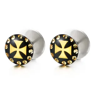 2pcs Gold Color Cross Circle Screw Stud Earrings Women Men, Fake Ear Plugs Gauges Illusion Tunnel