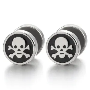 2pcs Steel Pirate Skull Circle Stud Earrings for Men Women, Silver Black Cheater Fake Ear Plug Gauge