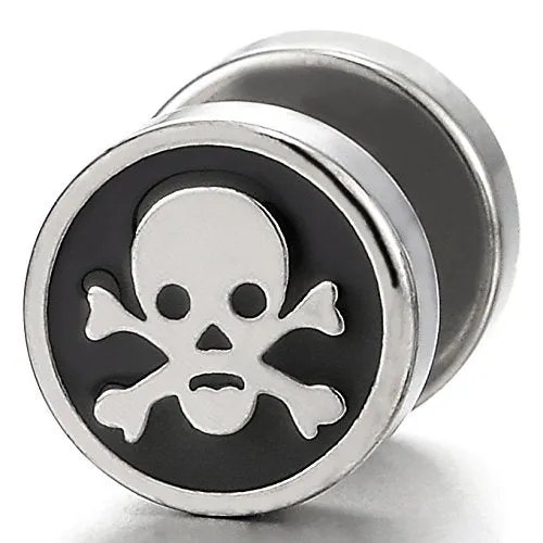 2pcs Steel Pirate Skull Circle Stud Earrings for Men Women, Silver Black Cheater Fake Ear Plug Gauge