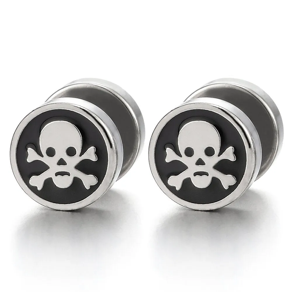 2pcs Steel Pirate Skull Circle Stud Earrings for Men Women, Silver Black Cheater Fake Ear Plug Gauge
