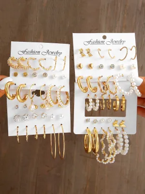 36pairs Pearl & Rhinestone Decor Earrings - Gold