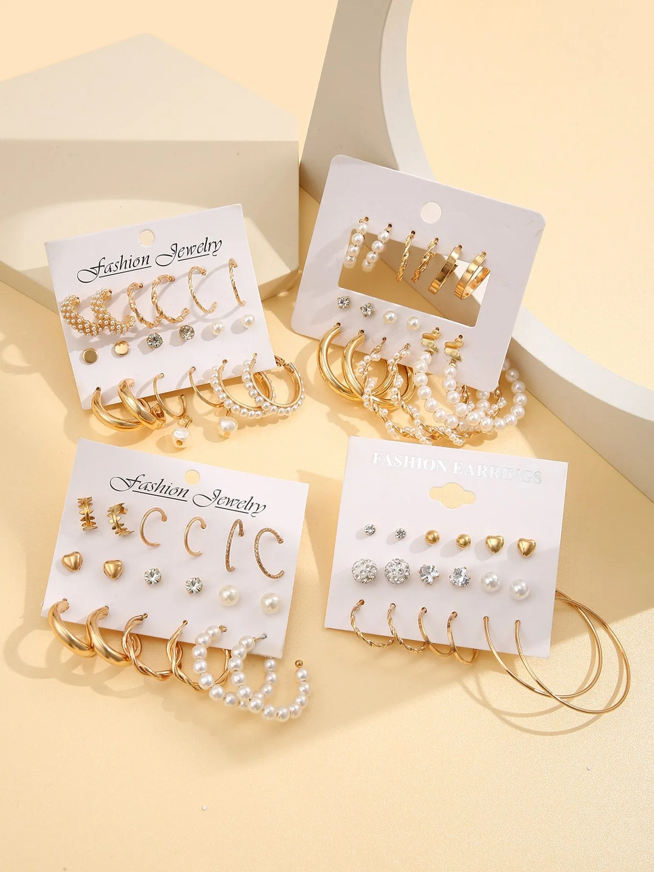 36pairs Pearl & Rhinestone Decor Earrings - Gold
