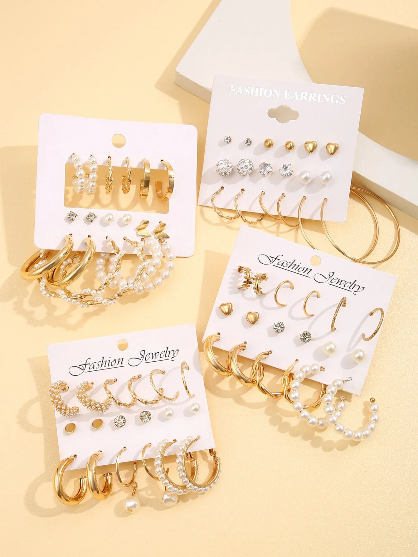 36pairs Pearl & Rhinestone Decor Earrings - Gold
