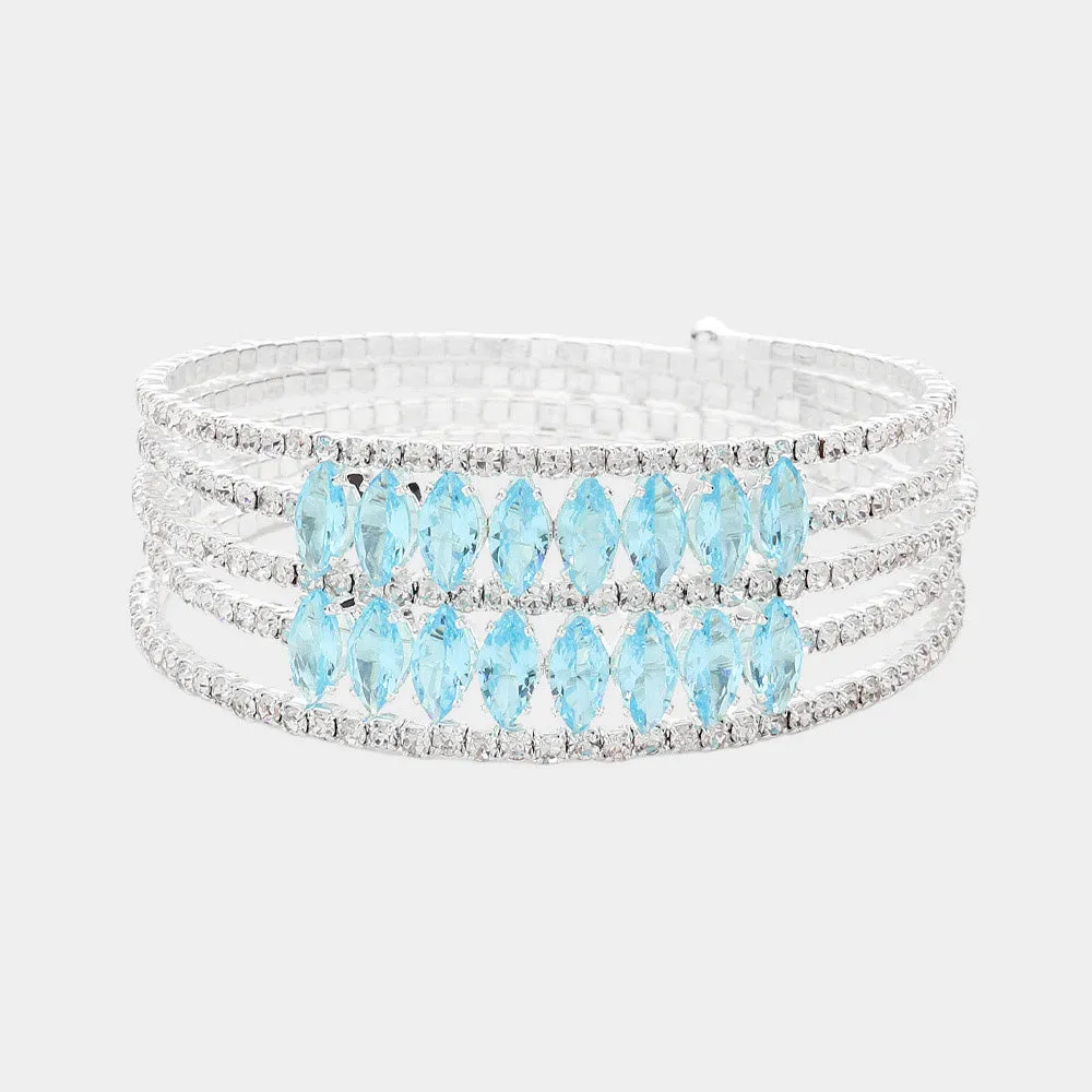 5-Row Aqua CZ Marquise and Rhinestone Adjustable Pageant Bracelet | Prom Bracelet |  622961