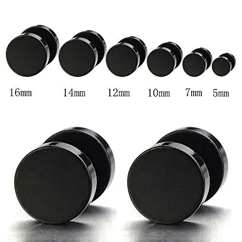 5MM-16MM Black Screw Stud Earrings for Men and Women, Stainless Steel Cheater Fake Ear Plugs, Gauges Illusion Tunnel for a Striking, Edgy Look