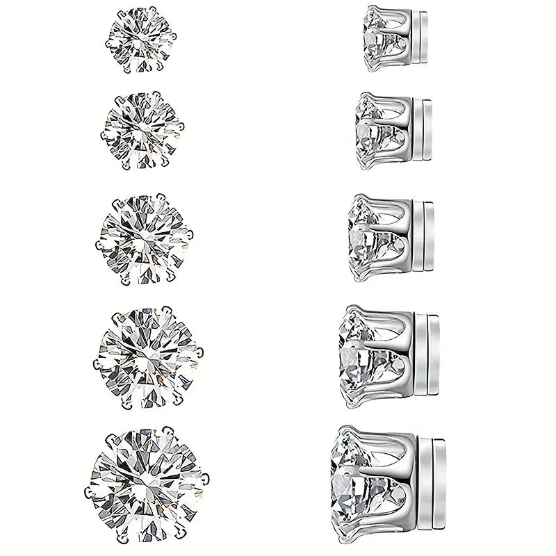 5Pairs CZ Magnetic Stud Earrings Silvery No Piercing Required
