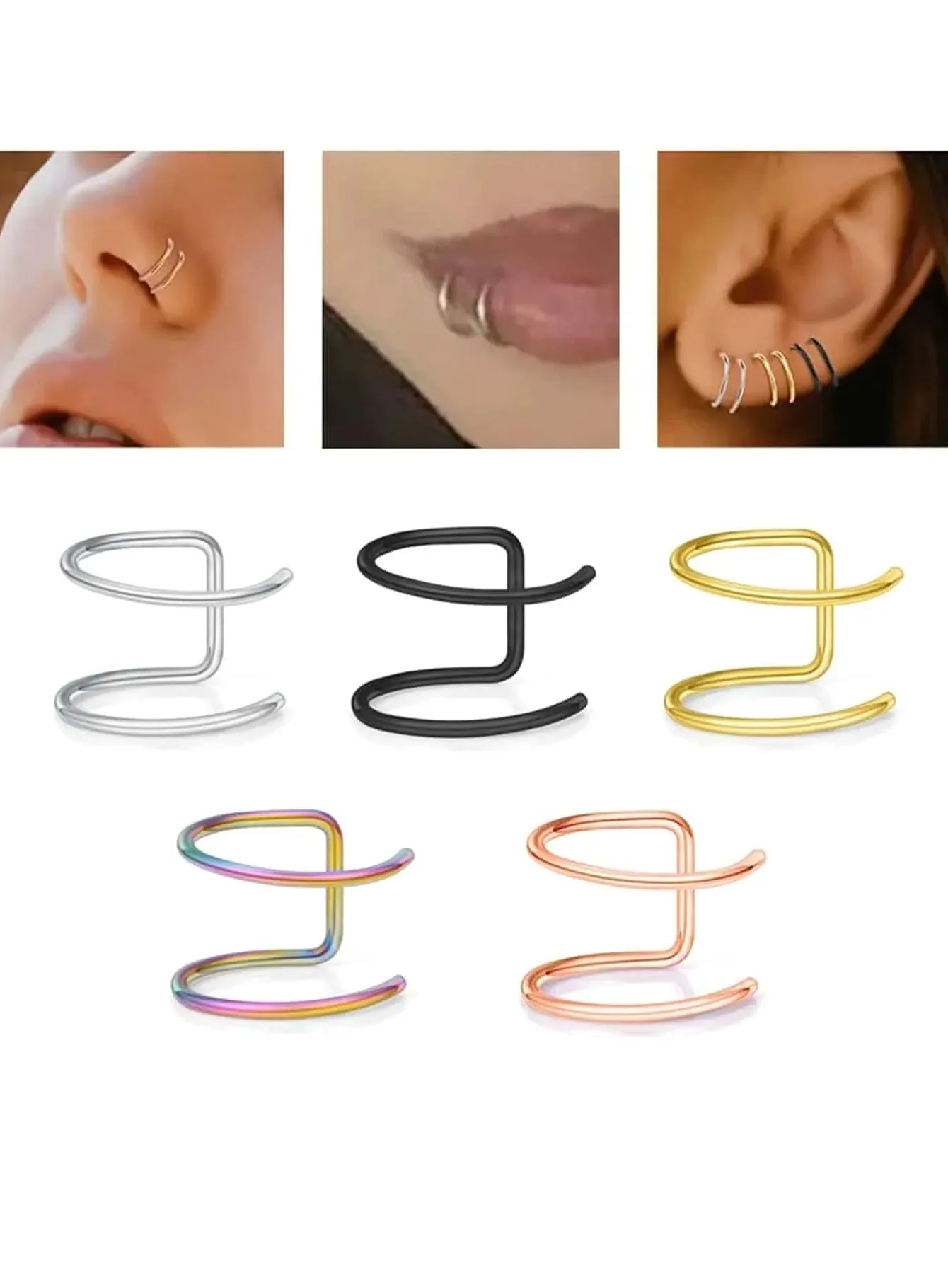 5Pcs Fake Piercing Nose Ring Lip Ring Earrings Stainless Steel Non Piercing Nose Ring Body Jewelry - Multicolor