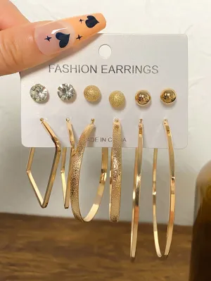 6pairs Rhinestone Decor Earrings -  Gold