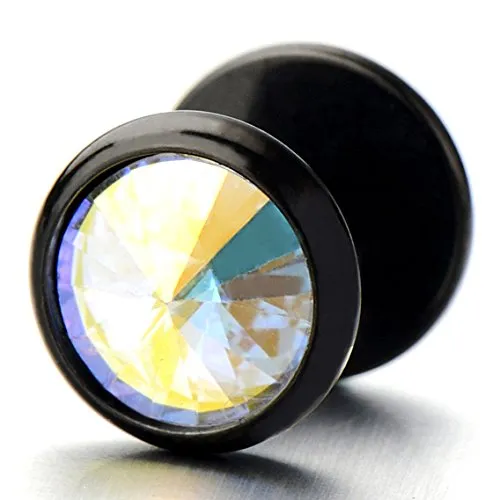8MM Mens Black Stud Earrings Stainless Steel Cheater Fake Ear Plugs Gauges Screw Back with Cubic Zirconia